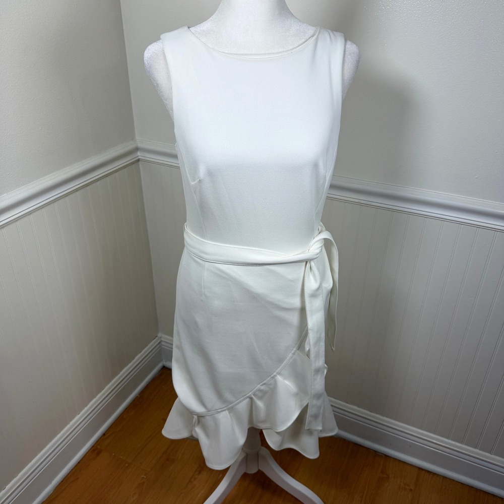 Calvin Klein Sleeveless Faux Wrap Ruffle Hem Dress Women Size 2 White CD8C16EC‎